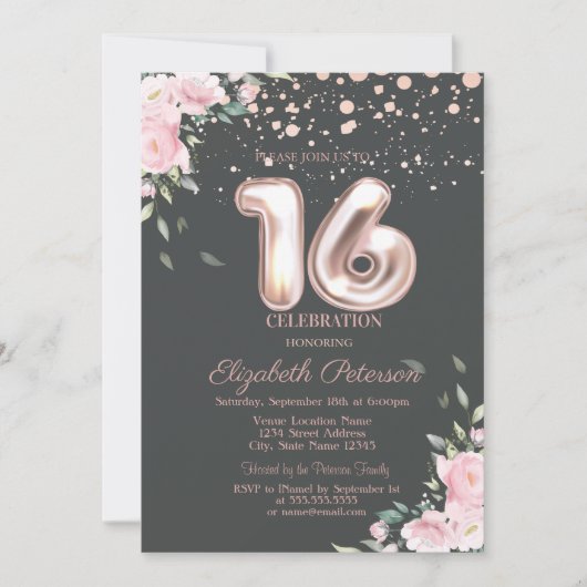 Stilvolle Rose Gold Dots, Blumensüß 16 Einladung (Vorderseite)