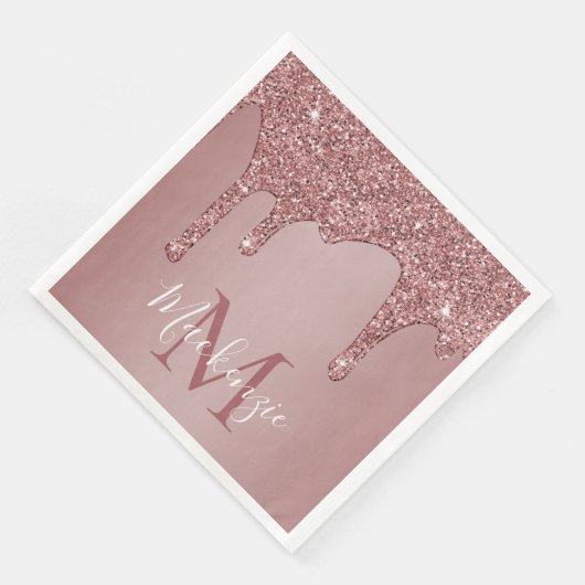 Stilvolle Rose Gold Dripping Glitzer Monogram Serviette (Ecke)