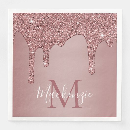 Stilvolle Rose Gold Dripping Glitzer Monogram Serviette (Vorderseite)