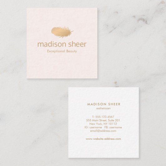 Stilvolle Rose Gold Feather Light Blush Pink Quadratische Visitenkarte (Vorne/Hinten)