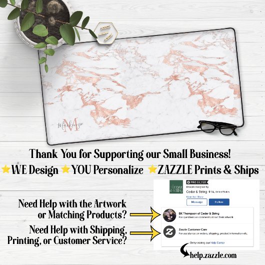 Stilvolle Rose Gold Foil Marmor Monogram Schreibtischunterlage