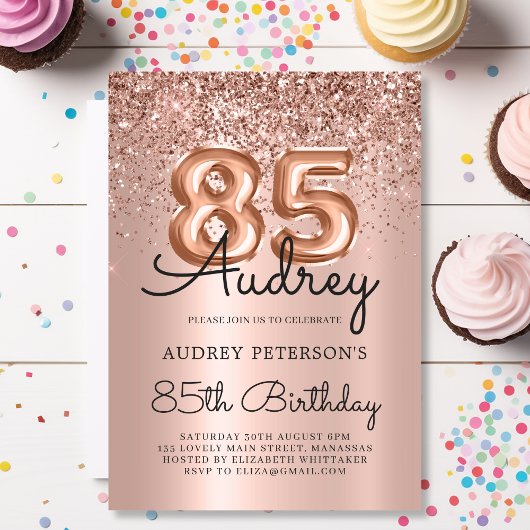 Stilvolle Rose Gold Glitzer Ballon 85. Geburtstag Einladung