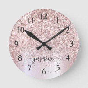 Stilvolle Rose Gold Glitzer Metallic Monogram Name Runde Wanduhr