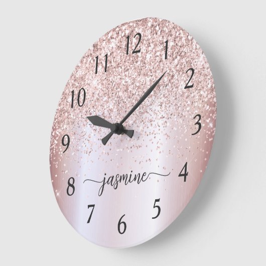 Stilvolle Rose Gold Glitzer Monogram Name Signatur Große Wanduhr (Winkel)
