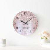 Stilvolle Rose Gold Glitzer Monogram Name Signatur Große Wanduhr (Zuhause)