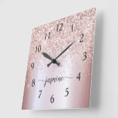 Stilvolle Rose Gold Glitzer Monogram Name Signatur Quadratische Wanduhr (Winkel)