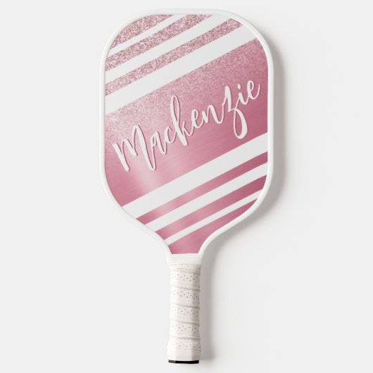 Stilvolle Rose Gold Glitzer Script Name Pickleball Schläger (Rückseite)