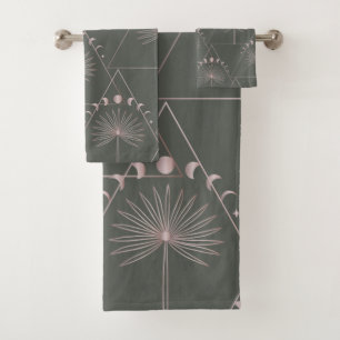 Stilvolle Rose Gold Gray Palm Leaf Moon Phases Art Badhandtuch Set