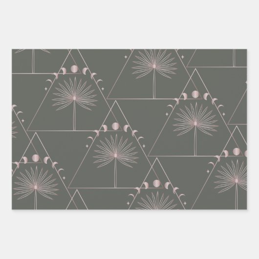 Stilvolle Rose Gold Gray Palm Leaf Moon Phases Art Geschenkpapier Set (Vorderseite 3)