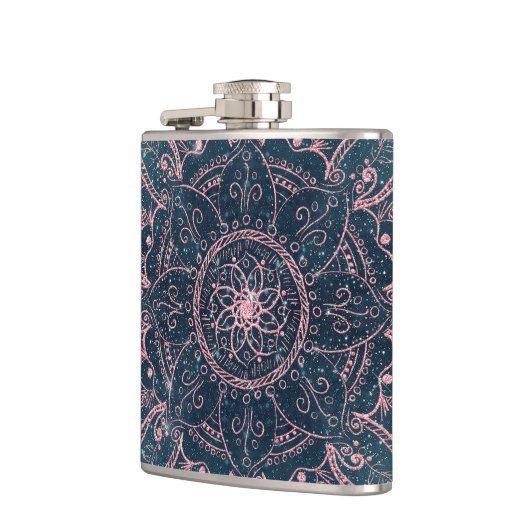 Stilvolle Rose Gold Mandala Blauer Nebel Sterne Flachmann (Links)