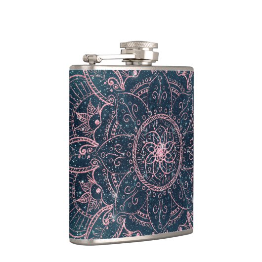 Stilvolle Rose Gold Mandala Blauer Nebel Sterne Flachmann (Rechts)