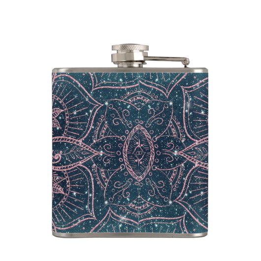 Stilvolle Rose Gold Mandala Blauer Nebel Sterne Flachmann (Rückseite)