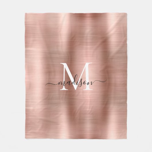 Stilvolle Rose Gold Monogram Script Brushed Metal Fleecedecke (Vorderseite)