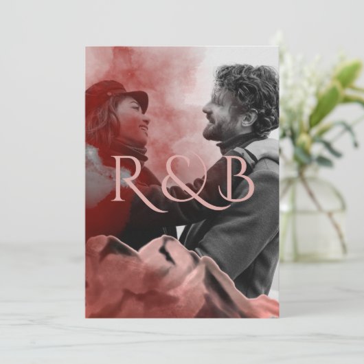 Stilvolle Rose Gold Mountains Overlay Foto Hochzei Einladung (Stehend Vorderseite)