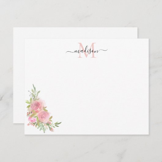 Stilvolle Rose mit Blütenrot Rosa Monogramm Mitteilungskarte (Vorne/Hinten)