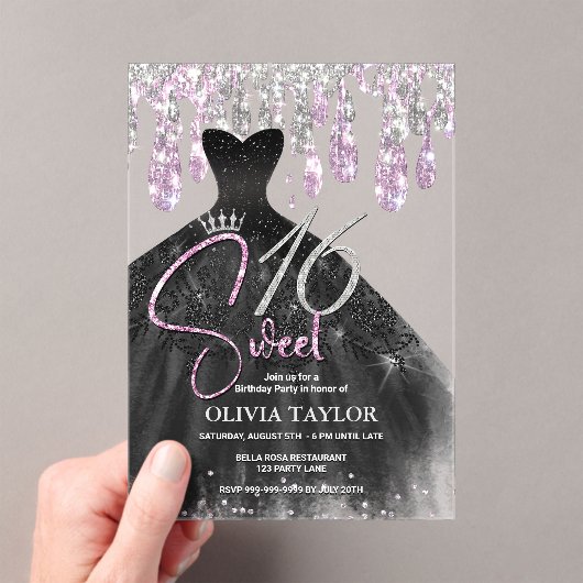 Stilvolle Rose rosa schwarzes Kleid süß 16 Monogra Acryleinladungen (Insitu (Handheld))