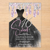 Stilvolle Rose rosa schwarzes Kleid süß 16 Monogra Acryleinladungen (Vorderseite)