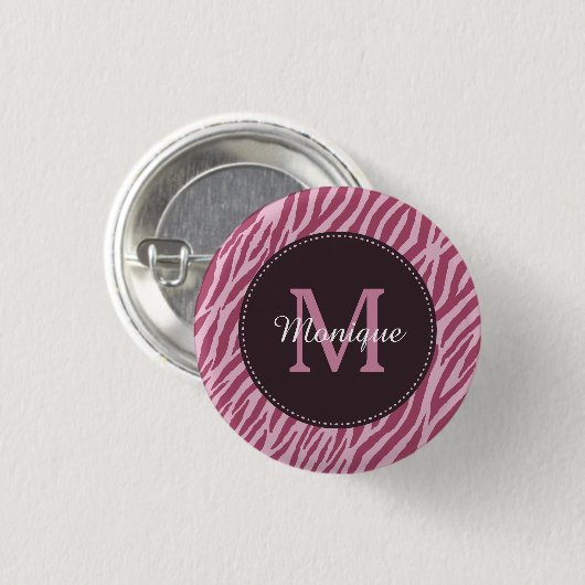 Stilvolle Rose Rosa Zebra Print Monogram und Name Button (Vorne & Hinten)
