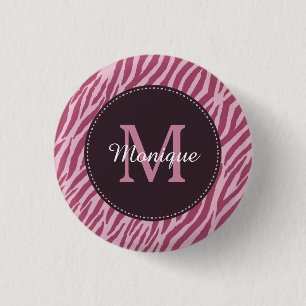 Stilvolle Rose Rosa Zebra Print Monogram und Name Button