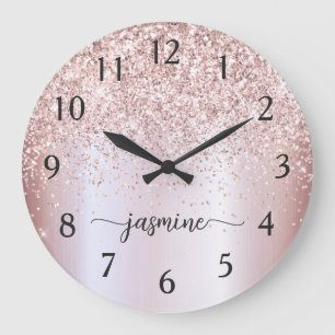 Stilvolle roségoldene Glitter-Monogramm-Namensunte Große Wanduhr