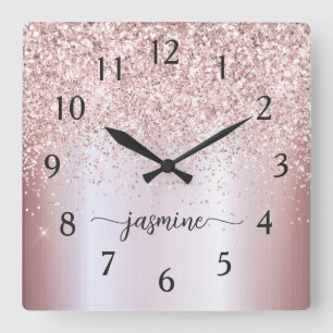 Stilvolle roségoldene Glitter-Monogramm-Namensunte Quadratische Wanduhr