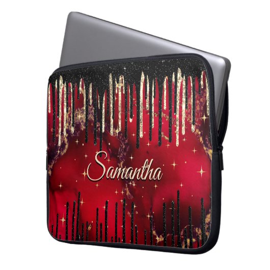 Stilvolle Rot-Glitzer-Monogramm Laptopschutzhülle (Vorderseite Links)