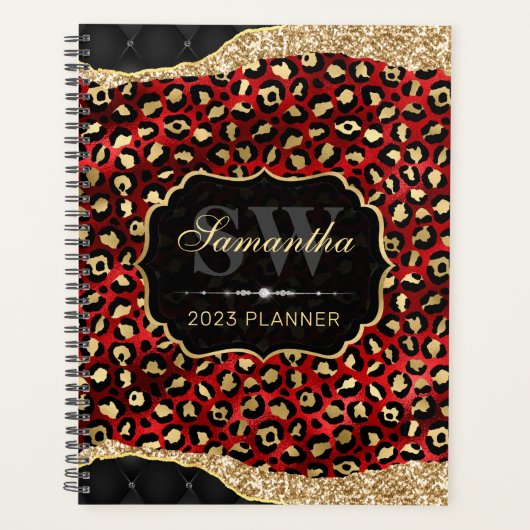 Stilvolle Rot-Gold-Foil-Leopard-Spots Monogramm Planer (Vorderseite)