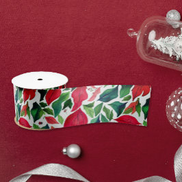 Stilvolle Rot-Grün-Blätter Weihnachten Wasserfarbe Satinband