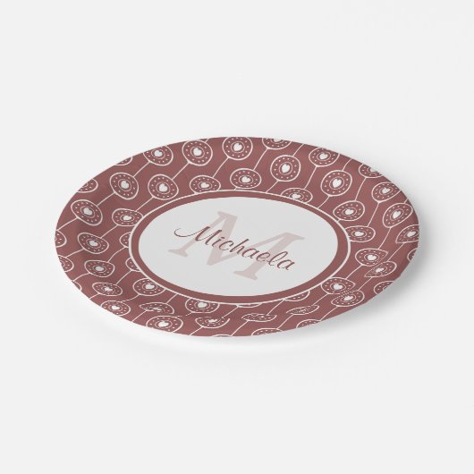 Stilvolle rotbraune Hörer Monogram mit Name Pappteller (Schrägansicht)