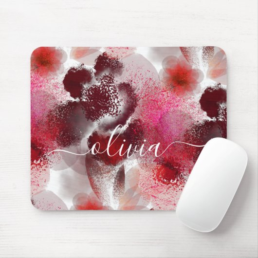Stilvolle Rote Blütensignatur Monogramm Mousepad (Mit Mouse)
