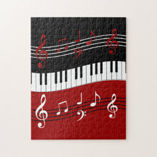 Stilvolle rote Schwarz-weiße Klavier-Schlüssel und Puzzle