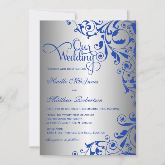 Stilvolle Royal Blue and Silver Wirbel Wedding Einladung (Vorderseite)