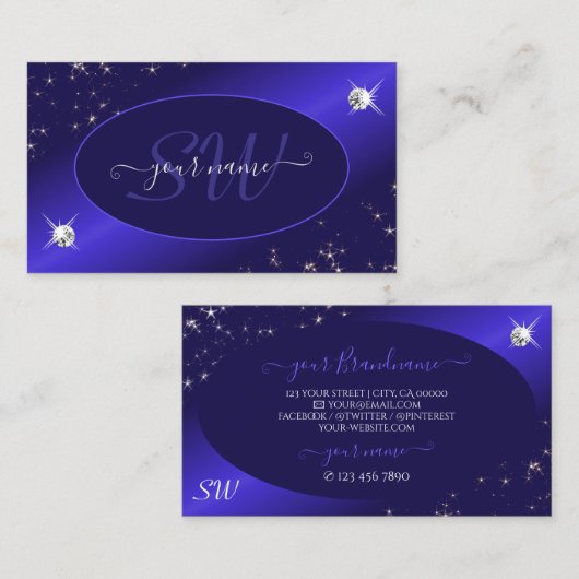 Stilvolle Royal Blue Glitzer Stars Diamonds Initia Visitenkarte (Vorne/Hinten)