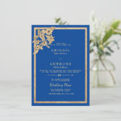 Stilvolle Royal Blue Gold Glitzer Floral Wedding Einladung (Stehend Vorderseite)