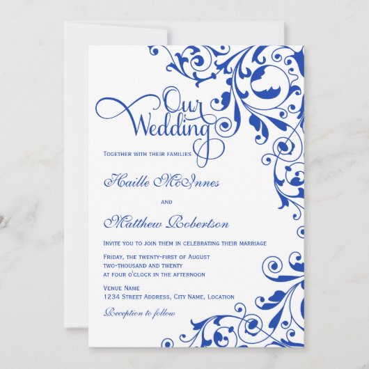 Stilvolle Royal Blue Wirbel Wedding Einladung (Vorderseite)