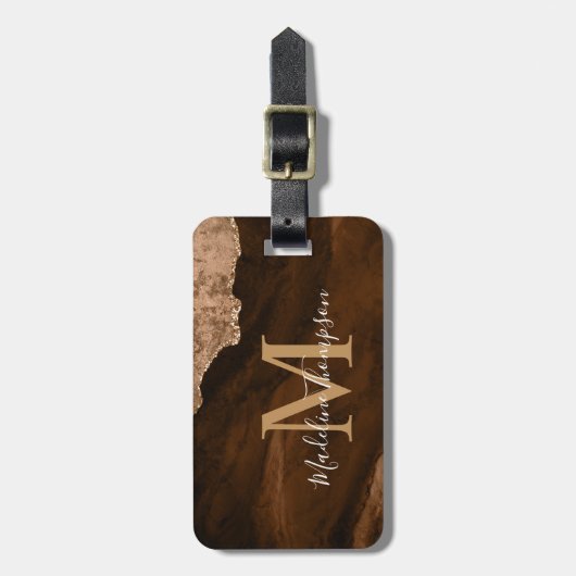Stilvolle Rust Gold Agate Geode Monogram Gepäckanhänger (Vorderseite vertikal)