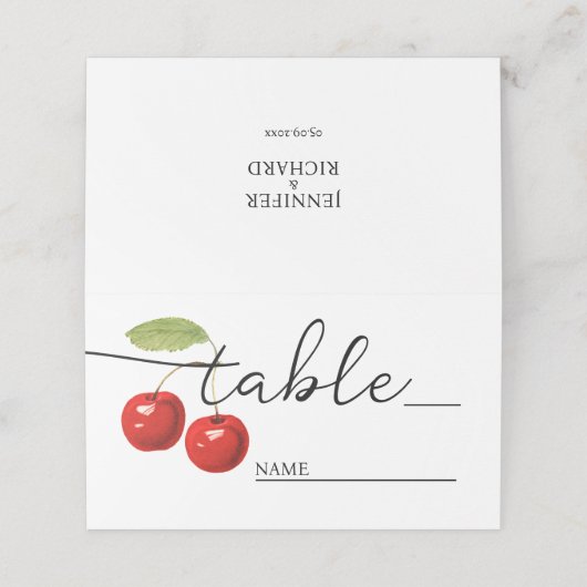 Stilvolle Rustikale Rote Kirschen Bohermian Weddin Platzkarte (Außenseite Aufgefaltet)