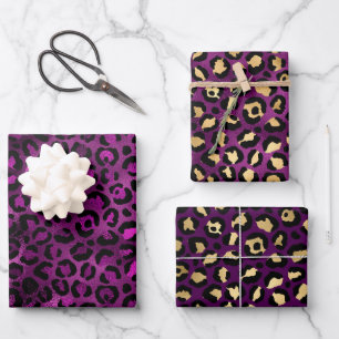Stilvolle Safari mit Lila- & Goldleopard-Spots Geschenkpapier Set