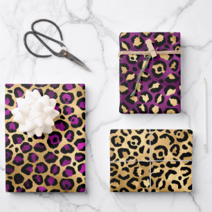 Stilvolle Safari mit Lila- & Goldleopard-Spots Geschenkpapier Set