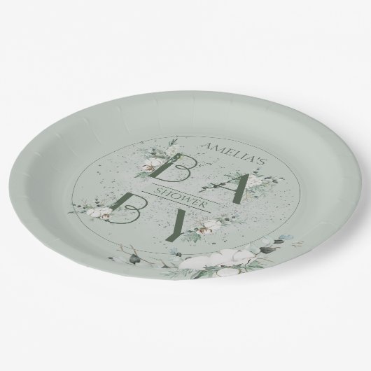Stilvolle Sage Green Floral Baby Dusche Pappteller (Schrägansicht)