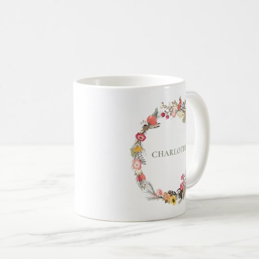 Stilvolle Sage Herbst Blumenreath Mit Monogramm Kaffeetasse (VorderseiteRechts)