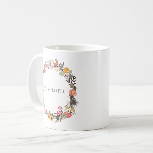 Stilvolle Sage Herbst Blumenreath Mit Monogramm Kaffeetasse (Vorderseite Links)