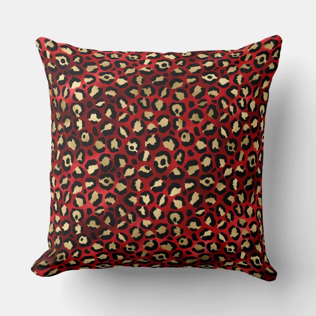 Stilvolle Scarlet Red and Gold Foil Leopard Spots Kissen (Vorderseite)
