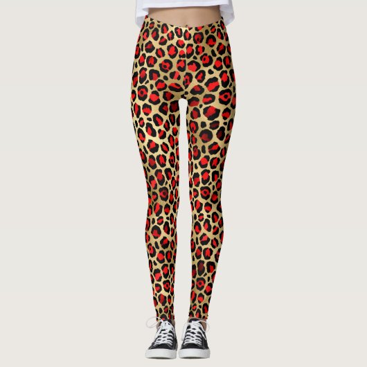 Stilvolle Scarlet Red and Gold Foil Leopard Spots Leggings (Vorderseite)