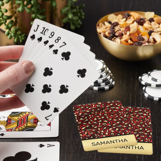 Stilvolle Scarlet Red and Gold Foil Leopard Spots Spielkarten (In Situ)