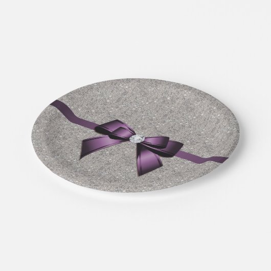 Stilvolle schillernde Sequins, lila Bogen u. Band Pappteller (Schrägansicht)