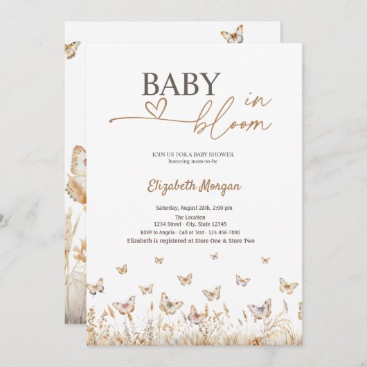 Stilvolle Schmetterlinge Baby in Bloom Einladung (Vorne/Hinten)