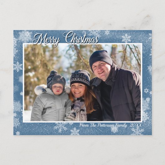 Stilvolle Schneeflocken auf Blue Merry Weihnachten Postkarte (Vorderseite)