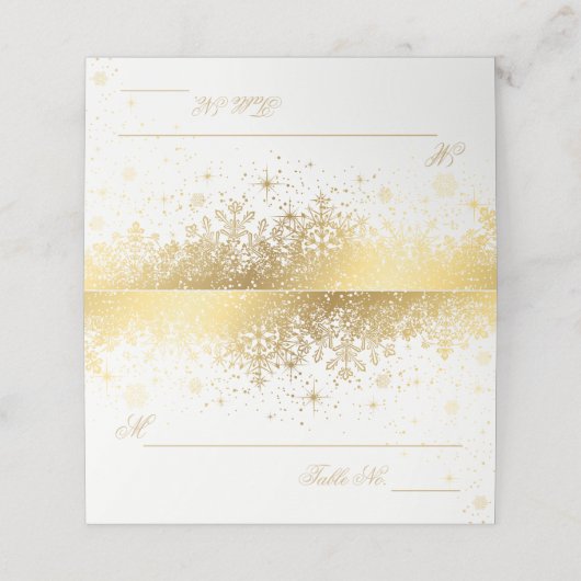 Stilvolle Schneeflocken aus Weiß und Gold Platzkarte (Außenseite Aufgefaltet)