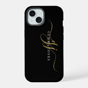 Stilvolle Schriftmonogramm-Initialen Gold Schwarz iPhone 15 Hülle
